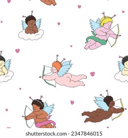 Beautiful vector kid seamless pattern with colorful cute hand drawn little putti angels with flowers. Stock illustration.