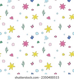 Beautiful vector kid seamless pattern with cute hand drawn little colorful underwater sealife animals and plants. Stock illustration.