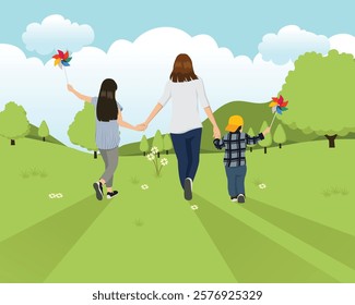 Beautiful vector for Kids, Children Day, Mother Day, Environment, Earth Day, Go Green nature Concept. mother walk with children boy and girl hold windmill toy to green landscape sunny day bright sky.