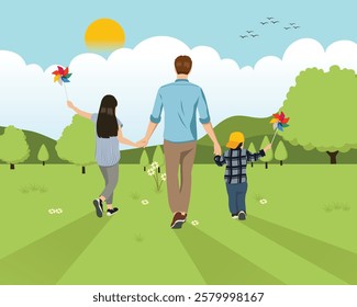 Beautiful vector for Kids, Children Day, Father Day, Environment, Earth Day, Go Green nature Concept. Father walk with children boy and girl hold windmill toy to green landscape sunny day bright sky.