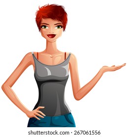 Beautiful vector lady illustration, upper body portrait of a sexy slim red-haired girl showing something to side with her hand. People emotion expression, Caucasian woman isolated on white.