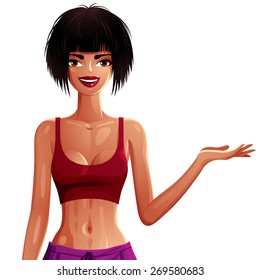 Beautiful vector lady illustration, upper body portrait of a sexy slim brunette showing some blank copy space with her hand. Young pretty woman isolated on white. Sport and fitness idea.