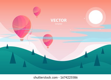 beautiful vector landscape air balloon flying over a green valley