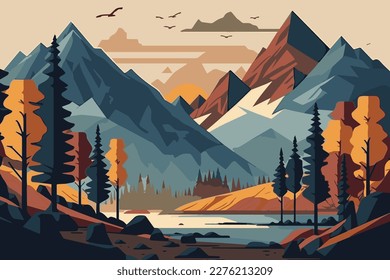 Hermoso paisaje vectorial con montañas tranquilizantes en el fondo