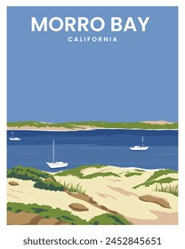 Schöne Vektorgrafik der Küstenbucht mit Blick auf das Blaue Meer und die Vektorillustration Hintergrund mit flachem Stil.