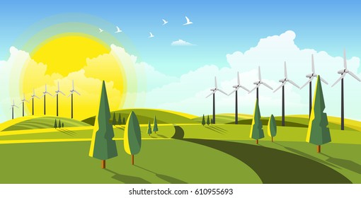 Beautiful vector landscape with eco windturbines.