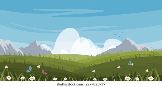 A beautiful vector landscape of fields and mountains, seen in the distance,in a cartoon style. Clear sky, flying birds, daisies growing in a field, bright butterflies. Beautiful morning in the valley.