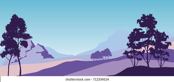 Beautiful vector landscape of flower fields and hills with tree silhouettes
nature illustration