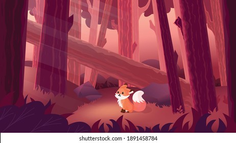 Beautiful vector landscape forest illustration. Forest landscape sunset, Cute fox 