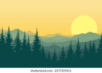 Beautiful vector landscape of forest and mountains silhouettes at sunrise or sunset. Natural landscape of mountains and wild forest in haze or fog for poster, design or print.