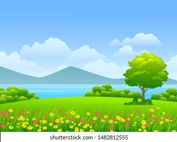 beautiful vector landscape with grass field and lake