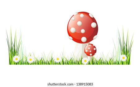 Beautiful vector landscape with green grass, garden, mushrooms and flowers. Isolation over white background.