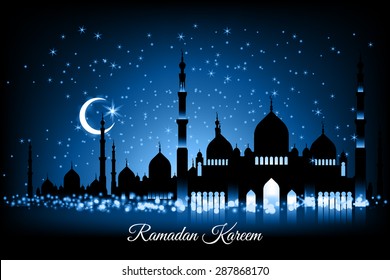 Beautiful vector landscape greeting card design template on Generous Ramadan with mosque silhouettes on blue night sky, moon and stars. The meaning of Ramadan Kareem is Ramadan The Generous Month
