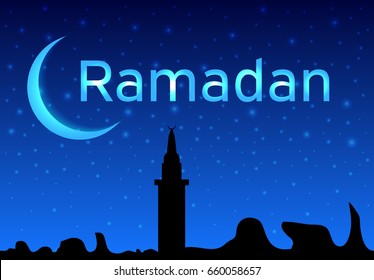 Beautiful vector landscape greeting card design template on Generous Ramadan with blue night sky, moon and stars. The meaning of Ramadan Kareem is Ramadan The Generous Month