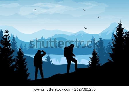 Beautiful vector landscape with hikers in front of a lake and blue forested mountains. 