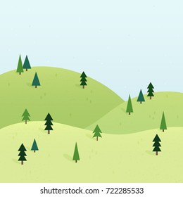 Beautiful vector landscape with hills and trees. Outdoor background. Idealistic view in a flat design style. 