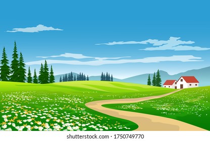 Beautiful vector landscape with house in countryside