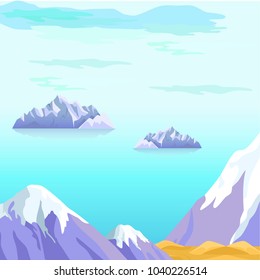 Beautiful vector landscape with icebergs floating in sea and snow-covered mountain peaks on coast. Travel and exploding northern lands or climate changes concept. Wild antarctic nature illustration