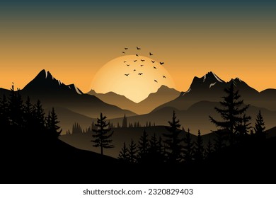 Hermosa ilustración del paisaje vectorial de las montañas. Increíble amanecer sobre las montañas. Las montañas espléndidas están iluminadas por los rayos del sol.