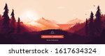 Beautiful vector landscape illustration - Peaceful warm sunrise over mountains, ocean and forest. Travel, hiking, outdoors and adventure concept. Use as background or wallpaper.