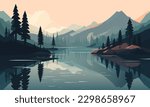 Beautiful vector landscape illustration - peaceful warm sunrise over mountains, lake and forest. The concept of travel, hiking, outdoor activities and adventure. Use as background or wallpaper.