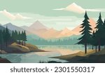 Beautiful vector landscape illustration, peaceful warm sunrise over mountains, lake and forest. The concept of travel, hiking, outdoor activities and adventure. 