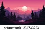 Beautiful vector landscape illustration Peaceful warm sunrise over mountains, sea and forest. Beautiful panoramic view vector illustration