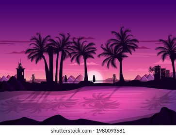 Beautiful vector landscape illustration - Peaceful warm sunrise over mountains, ocean, and forest. Travel, hiking, outdoors, and adventure concept. Use as background or wallpaper. natural landscape.