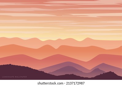 Beautiful vector landscape illustration - Peaceful warm sunrise over mountains, ocean and forest. Travel, hiking, outdoors and adventure concept. Use as background or wallpaper.