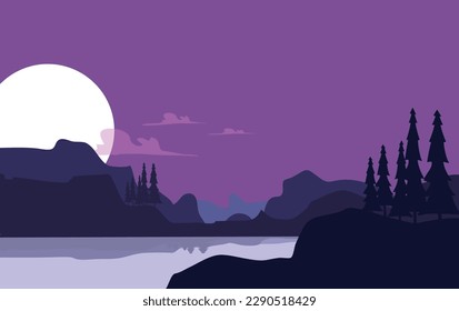 Beautiful vector landscape illustration, Peaceful sunrise over mountains, ocean and forest. Travel, hiking, outdoors and adventure concept. Use as background or wallpaper.