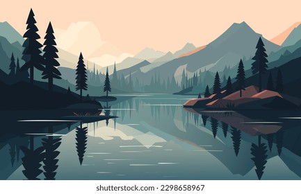 Beautiful vector landscape illustration - peaceful warm sunrise over mountains, lake and forest. The concept of travel, hiking, outdoor activities and adventure. Use as background or wallpaper.