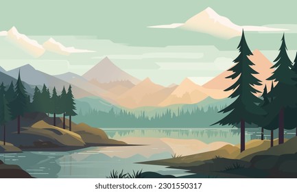 Beautiful vector landscape illustration, peaceful warm sunrise over mountains, lake and forest. The concept of travel, hiking, outdoor activities and adventure. 