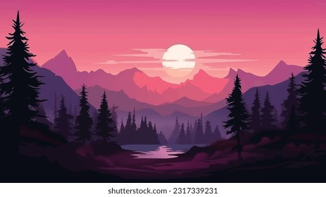 Hermosa ilustración del paisaje vectorial Pacífica salida de sol cálida sobre montañas, mar y bosque. Hermosa ilustración vectorial panorámica