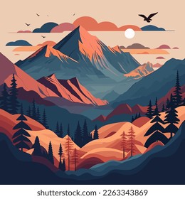 Beautiful vector landscape illustration - warm sunrise over mountains and forest. The concept of travel, hiking, active recreation and adventure.