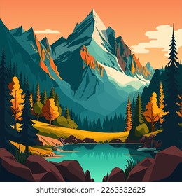 Beautiful vector landscape illustration - warm sunrise over mountains, lake and forest. The concept of travel, hiking, active recreation and adventure.