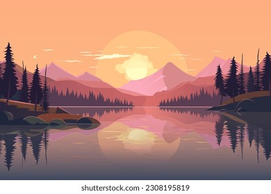 Beautiful vector landscape illustration. Warm sunset over mountains, lake and forest. Beautiful landscape of a mountain lake. Use as background or wallpaper.