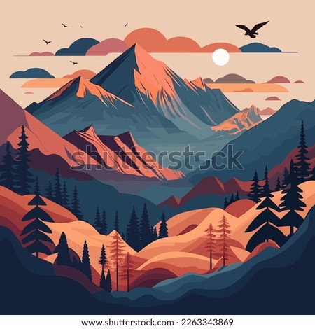 Beautiful vector landscape illustration - warm sunrise over mountains and forest. The concept of travel, hiking, active recreation and adventure.