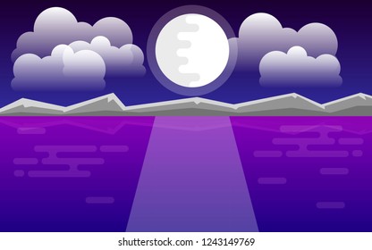 Beautiful vector landscape. Moon rising behind mountains. Flat illustration.