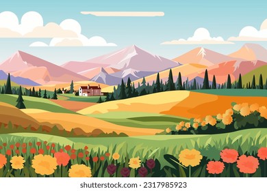 Hermoso paisaje vectorial de montañas, campos, prados, campo floral, bosque y hogar dulce. Ilustración vectorial de paisaje cálido. Caricatura panorámica plana de la primavera y el verano hermosa naturaleza