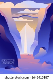 Hermoso paisaje vectorial. Montañas, lagos, puentes, hombre en un bote, cascada. Colores degradados. Eps 10.