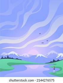 Beautiful vector landscape with purple sunset with clouds and birds and lake on the meadow and forest in the distance and traveler