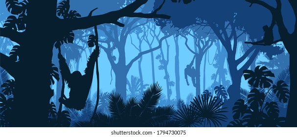 Beautiful vector landscape of a rainforest jungle with orangutan monkeys and lush foliage in blue colors.