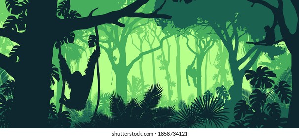 Beautiful vector landscape of a rainforest jungle with orangutan monkeys and lush foliage in green colors.