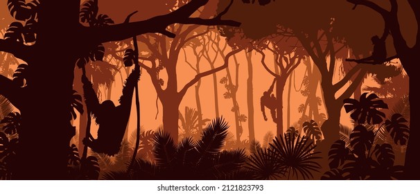 Beautiful vector landscape of a rainforest jungle with orangutan monkeys and lush foliage in sunset orange colors.