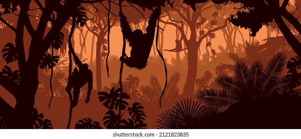 Hermoso paisaje vectorial de una selva tropical con monos orangutanes y frondosos follajes en colores naranja puesta al sol.