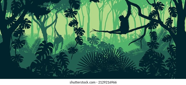 Beautiful Vector Landscape Of A Rainforest Jungle With Orangutan Monkeys And Lush Foliage In Green Colors.