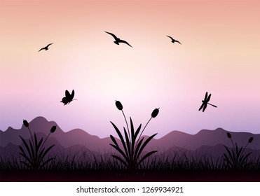 beautiful vector landscape scene with grass, cattails, and birds. on vector illustration eps.10