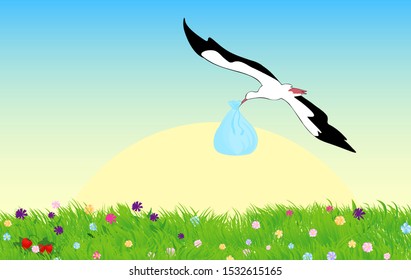 Beautiful vector landscape with the stork flying over the morning spring meadow