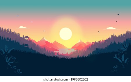 Beautiful vector landscape with sunrise -  Early morning in nature with colourful view to mountains, forest, sun and red sky.