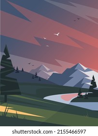 Beautiful vector landscape with sunset on the sky and mountains in the distance and forest and lake